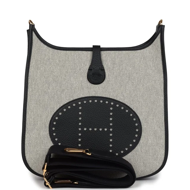 Hermès Evelyne III PM Black Clemence and Ecru Toile Gold Hardware in Black Clemence leather from Madison Avenue Couture