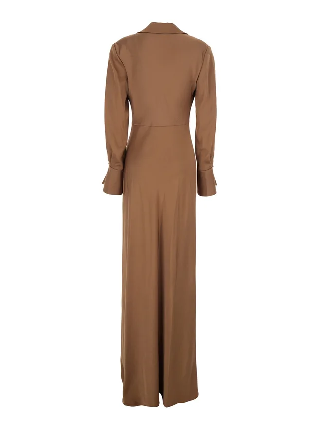 SIMKHAI Long Dress 'Adelle' with Draped Neckline and Wide Cuffs Tech Fabric Brown Women in Brown 84% Acetate 16% Polyester, photo 4 of 6 from Gaudenzi Boutique