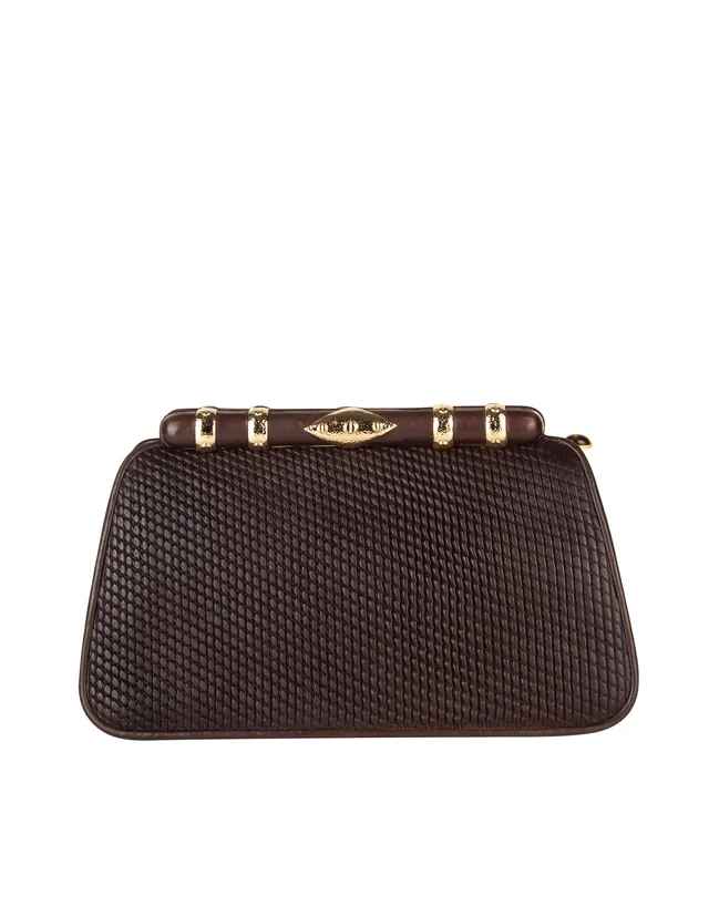 Judith Leiber Vintage Brown Weave Embossed Leather Convertible Clutch Bag from Amarcord Vintage Fashion