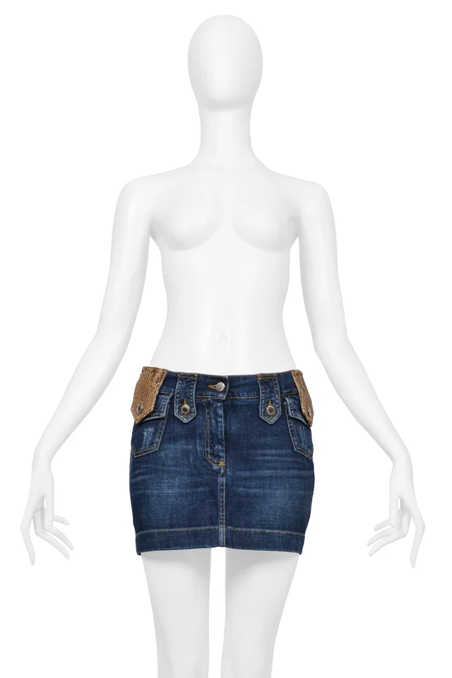 Dolce & Gabbana Blue Denim Wash Super-mini Skirt With Python Trim 2005 in Blue Python from Resurrection Vintage