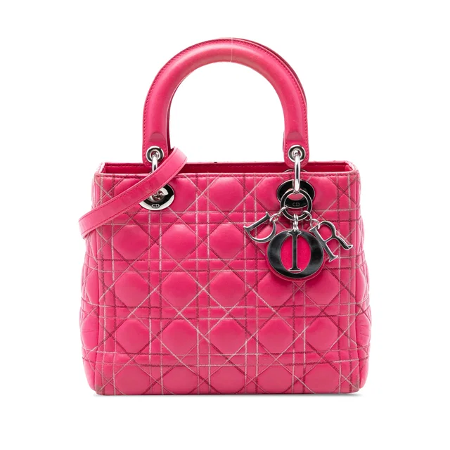 Pink Dior Medium Lambskin Cannage Contrast Stitch Lady Dior Satchel in Pink Lambskin from Designer Revival