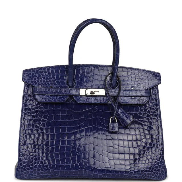 Hermès Birkin 35 Bleu Electric Shiny Porosus Crocodile Palladium Hardware in Blue Crocodile from Madison Avenue Couture