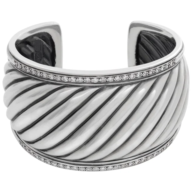 David Yurman diamond fluted wide sterling silver cuff bracelet in Silver Sterling Silver from Gray And Sons