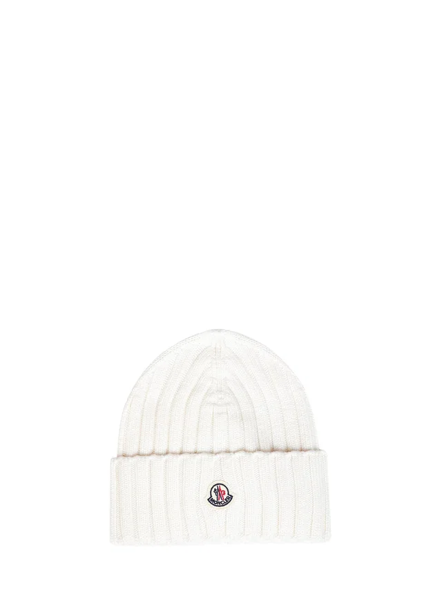 Moncler L20933b00036a9327030 Ribbed Virgin Wool Beanie — White Beanies in White Wool from HEWI