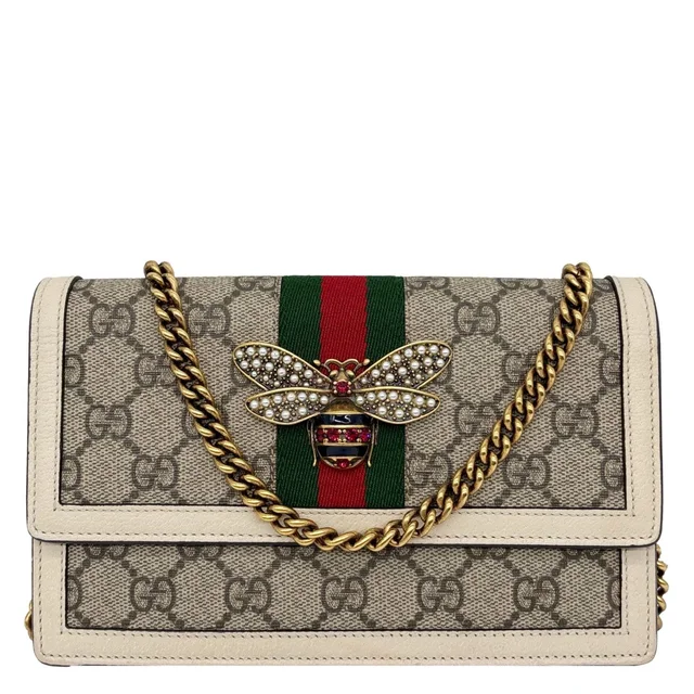 Gucci Web Queen Margaret Mini GG Supreme Canvas Chain Wallet Beige 476079 in Beige Canvas from Dallas Designer Handbags