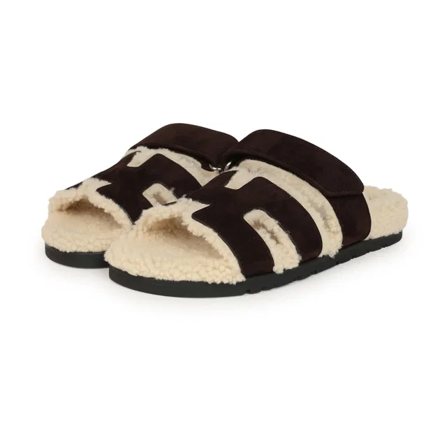 Hermès Chypre Techno Sandals Marron Ebene Suede and Ecru Shearling Palladium Hardware EU 37 in Brown Suede from Madison Avenue Couture