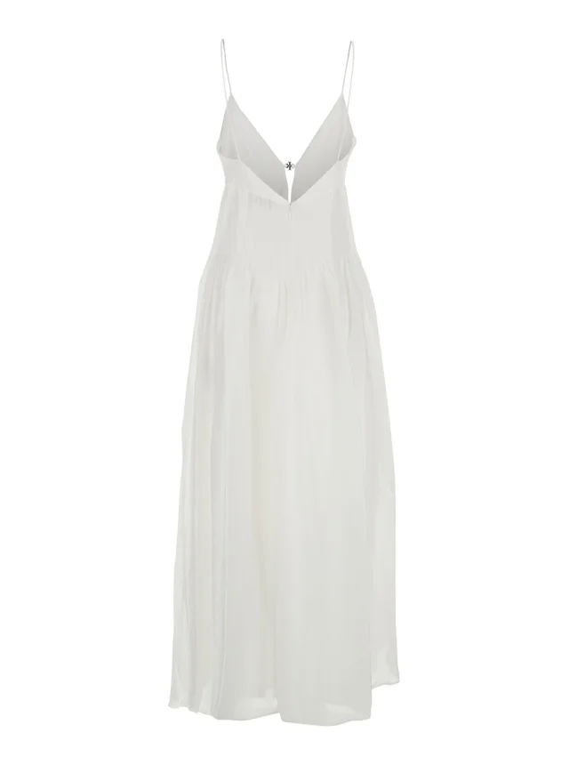 TORY BURCH Long Sleeveless Dress with V-Neck and Logo Plate on the Neck in Linen and Silk Blend White Women in White 70% Linen 30% Silk, photo 3 of 6 from Gaudenzi Boutique