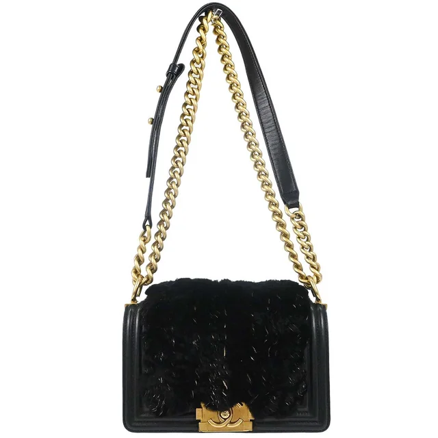 Boy Chanel 2015-2016 Black Lambskin Lapin Fur Small Chain Shoulder Bag in Black Lambskin from AMORE Vintage Tokyo