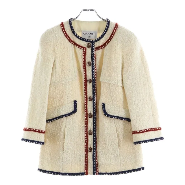 Chanel Collarless Long Jacket Ivory White Tricolor in White Tweed from The Reluxe