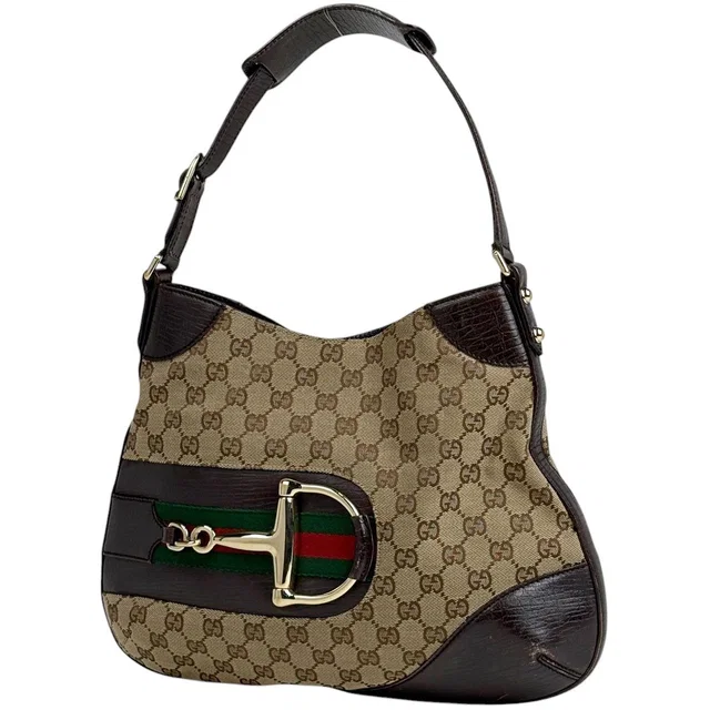 Gucci Horsebit Shoulder Bag GG Pattern Canvas Brown in Brown Canvas from The Reluxe