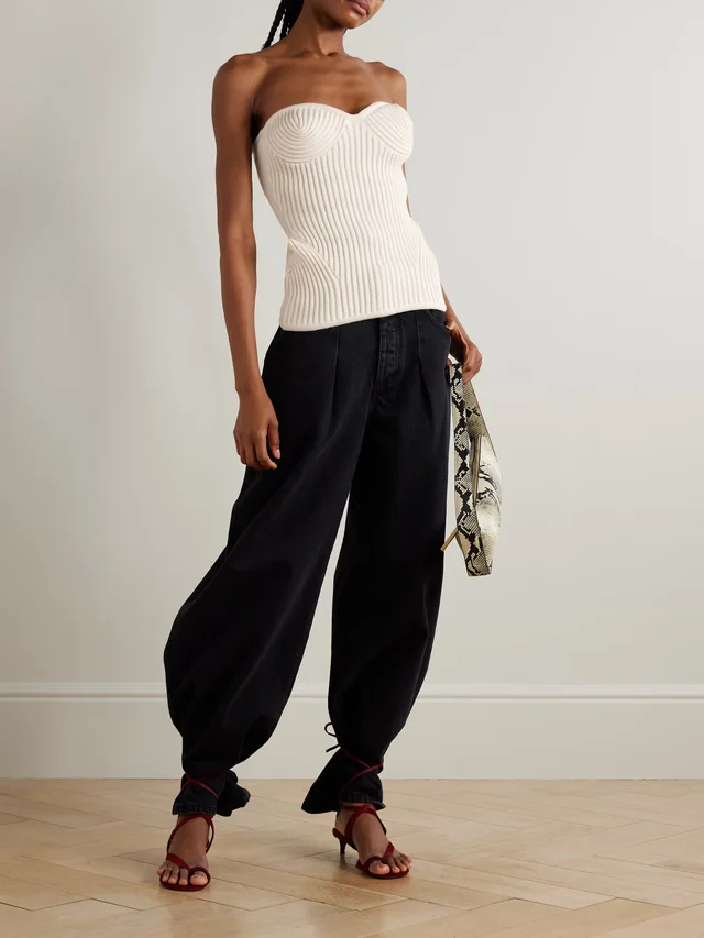JEAN PAUL GAULTIER Paneled ribbed wool-blend bustier top in White, photo 2 of 2 from NET-A-PORTER (Canada)