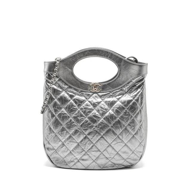 Chanel 31 BAG Quilted Crumpled Calfskin Metallic Silver SHW in Silver Calfskin from EMIER