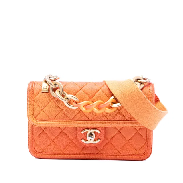 Orange Chanel Small Quilted Caviar Sunset On The Sea Flap Satchel in Orange Caviar leather from Designer Revival
