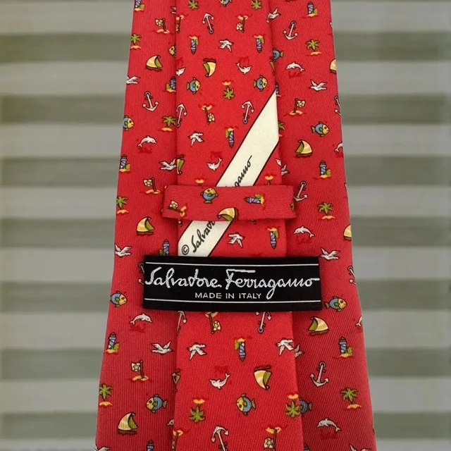 Ferragamo Tie Red Silk Nautical Dolphins Anchors Lighthouses Italy Designer Mens in red Silk from Grailed