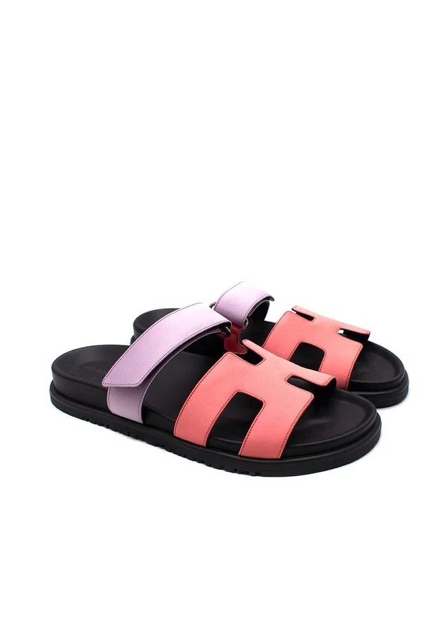 Hermès Chypre Sandals in Rose Peche and Violet Petale in Pink Satin from HEWI