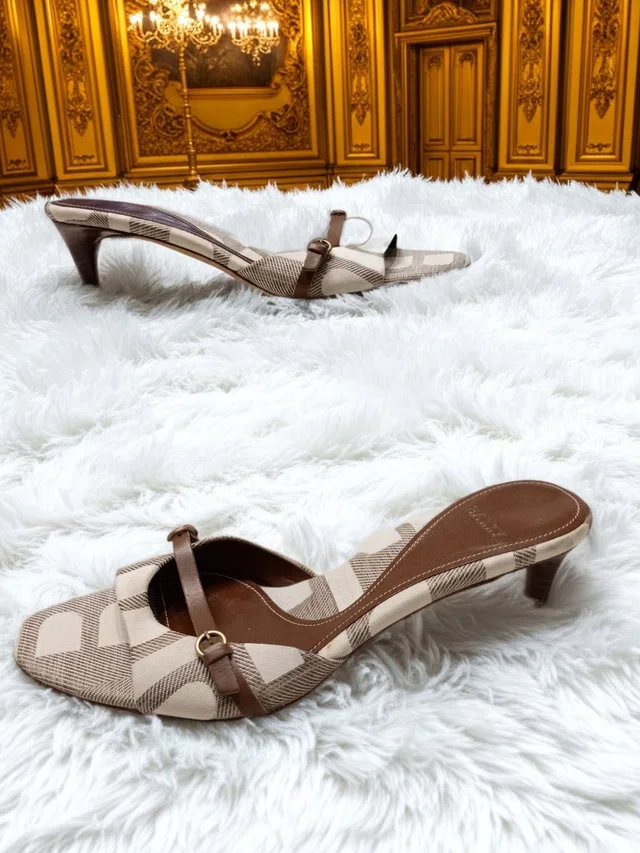 Bally Ranea Talc Mix Brown & Beige Cotton Patterned Kitten Heel Mules 6.5 in brown|red from Poshmark