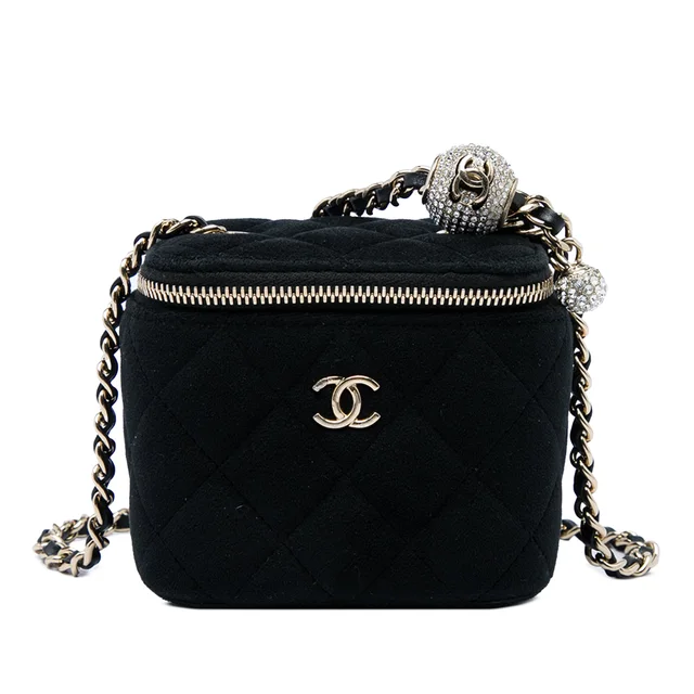 Black Chanel Mini Velvet Pearl Crush Vanity Case with Chain Crossbody Bag in Black Velvet from Designer Revival