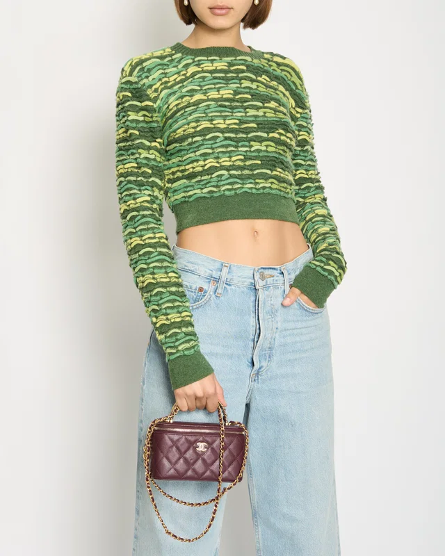 HOT* Chanel 14K Green Cropped Jacquard Jumper with CC Detail Size FR 36 (UK 8) in Green Cashmere from Sellier
