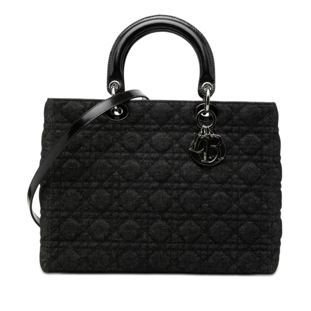 Black Dior Large Denim Cannage Lady Dior Satchel in Black Denim from Designer Revival