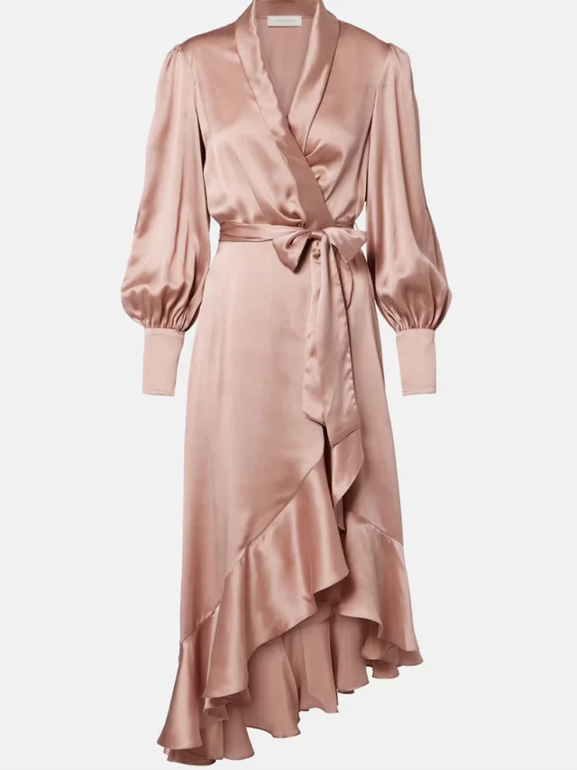 Zimmermann Ruffled Silk Satin Wrap Dress Size 2 in pink Satin from Poshmark