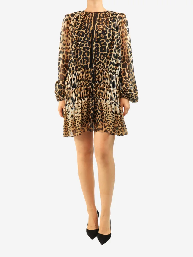 Saint Laurent Brown silk leopard print mini dress - size UK 10 in Brown Silk from Sign of the Times