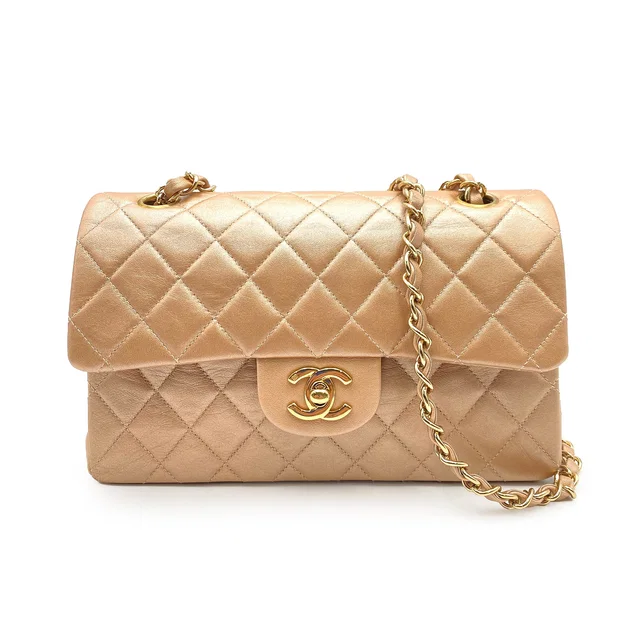 Chanel Vintage Classic Flap Small Chain Shoulder Bag Champagne Pinkgold Lamb Skin from Luxury Promise