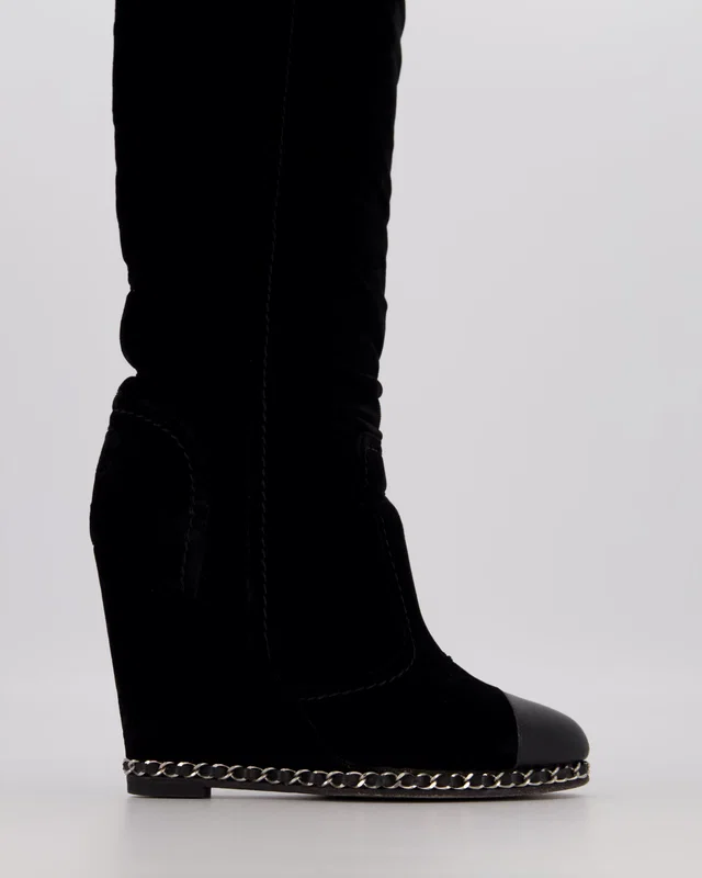 Chanel Black Suede Knee High Wedge Boots with Silver Chain Trim Size EU 37C in Black Suede from Sellier