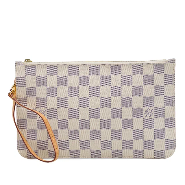 White Louis Vuitton Damier Azur Neverfull MM Pouch in White Canvas from Designer Revival