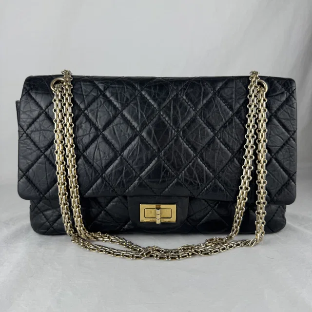 Chanel Large 2.55 Black Bag in Black aged calfskin, Metal from Reowned