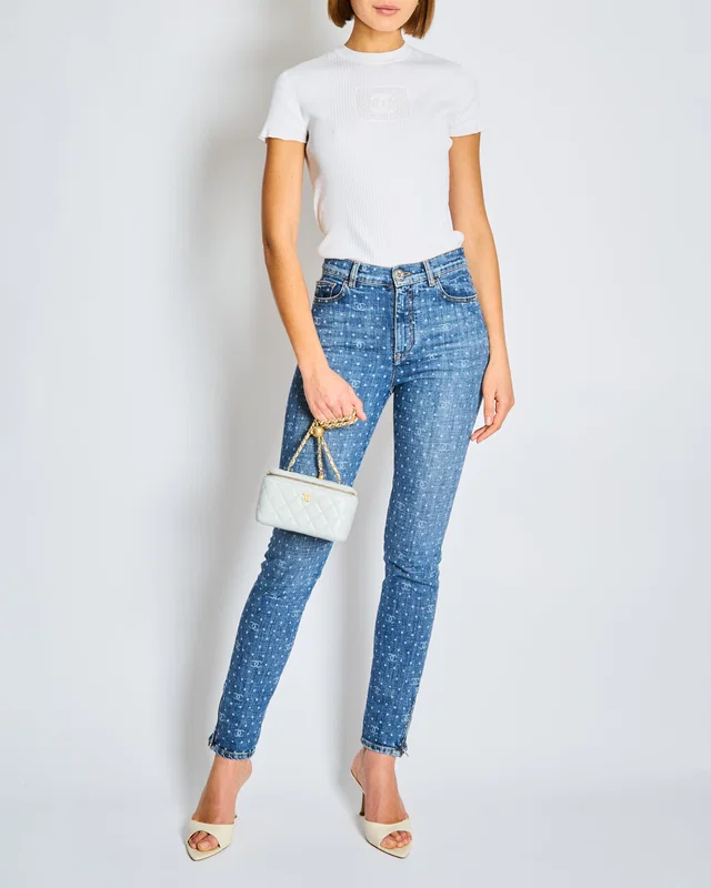 HOT* Chanel 23/P Blue Skinny Jeans with CC Logo and Polkadot Print with Silver CC Logo Button… in Blue from Sellier