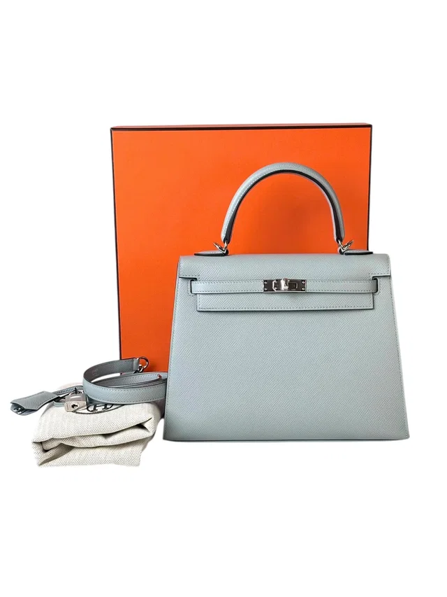 Hermès Kelly 25cm Blue Glacier Epsom Bag - Full Set - K Stamp in Blue Epsom leather from Luxury Promise