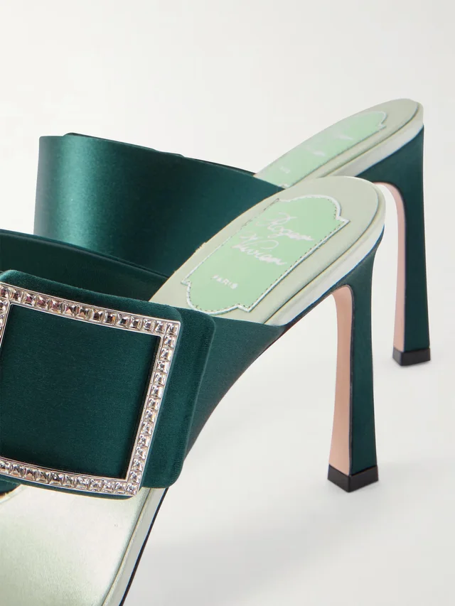 ROGER VIVIER Trompette 85 crystal-embellished satin mules in forest green 50% Leather 50% Textile fibers, photo 5 of 5 from NET-A-PORTER (Canada)