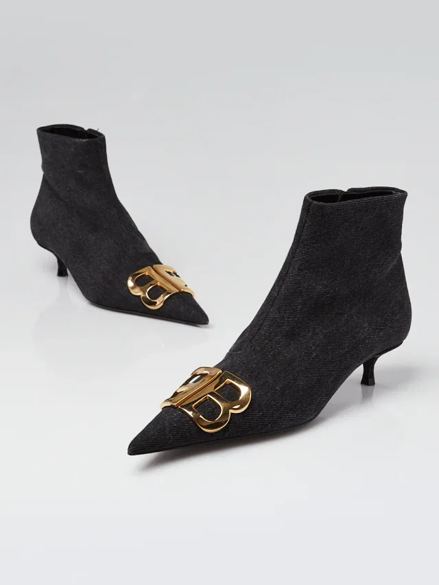 Balenciaga Black Denim BB Knife Kitten Heel Booties Size 5. /36 in Black Denim from Yoogis