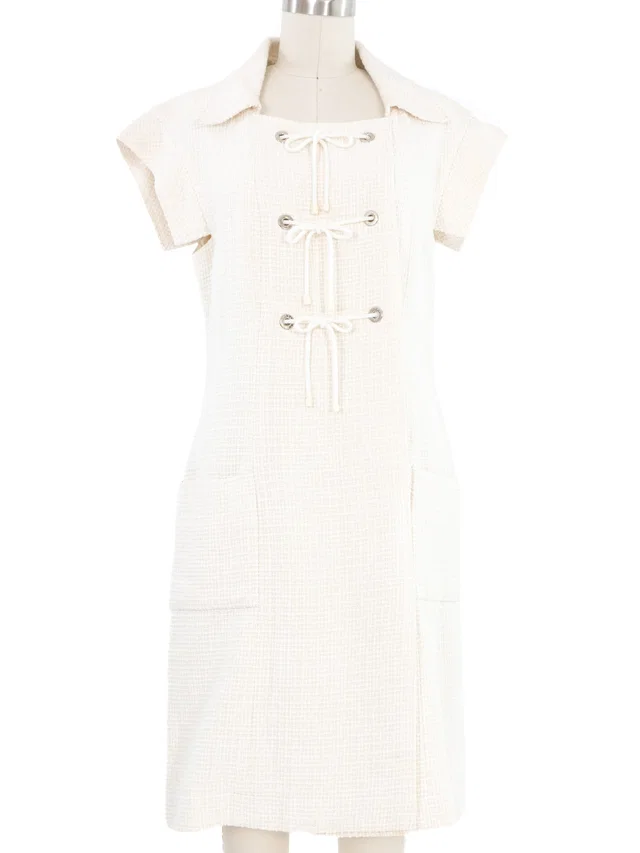 2007 Chanel Lace Up Ivory Tweed Dress in White Tweed from Arcade Vintage