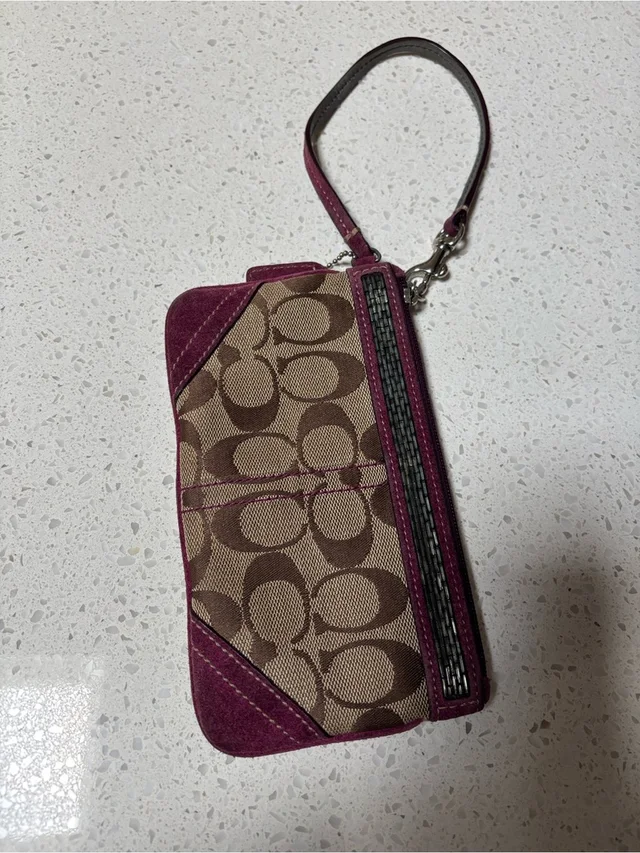 Coach Vintage Signature Tan/Burgundy Suede Zip Wristlet Y2k in brown|red|purple Suede from Poshmark, photo 1 of 1