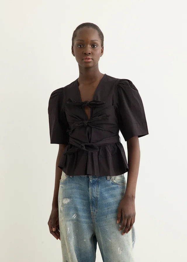 Ganni Washed Stretch Cotton Tie Strap Blouse in Black from Incu, photo 1 of 1