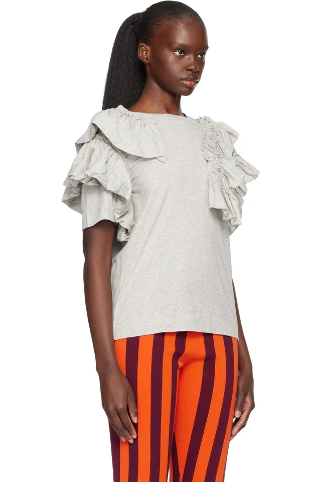 Dries Van Noten Gray Ruffled T-shirt, photo 2 of 4 from SSENSE