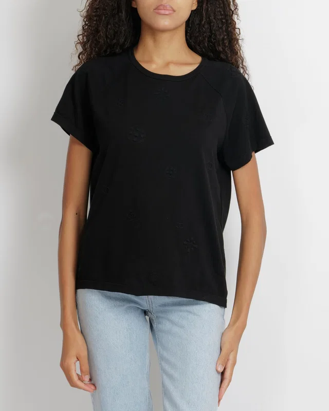 Chanel Black Short-Sleeved T-Shirt with Textured Embroideries and CC Logos Size FR 40 (UK 12) in Black from Sellier