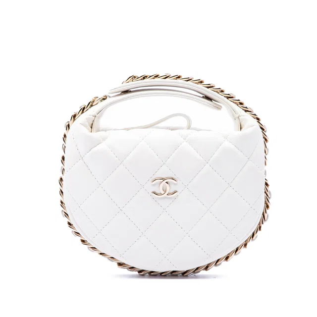 White Chanel Mini Quilted Lambskin Chain Around Pouch Handbag in White Lambskin from Designer Revival