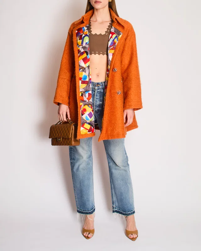 Chanel Fall/Winter 2014 "Supermarket" Collection Orange Double Breasted Oversized Coat with Camelia… in Orange Wool from Sellier