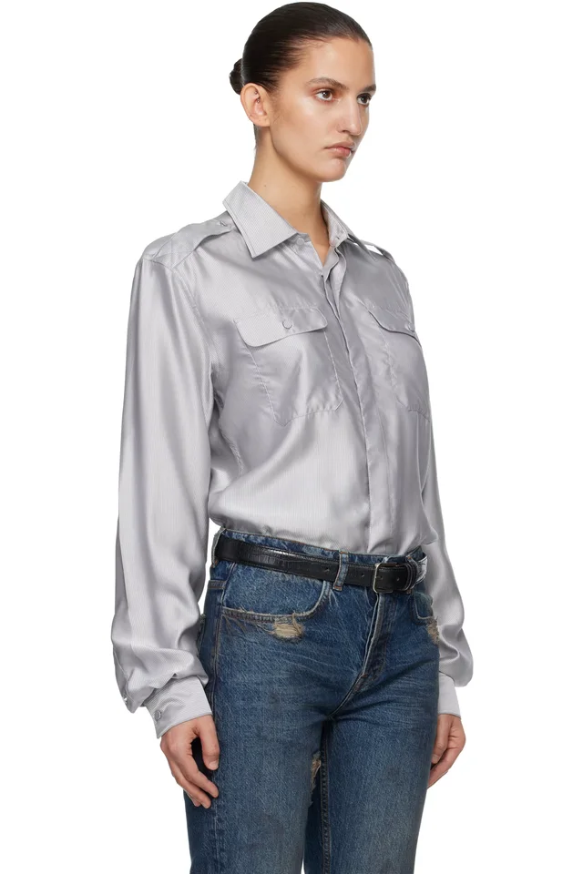 AARON ESH Gray Silk Military Shirt, photo 2 of 5 from SSENSE