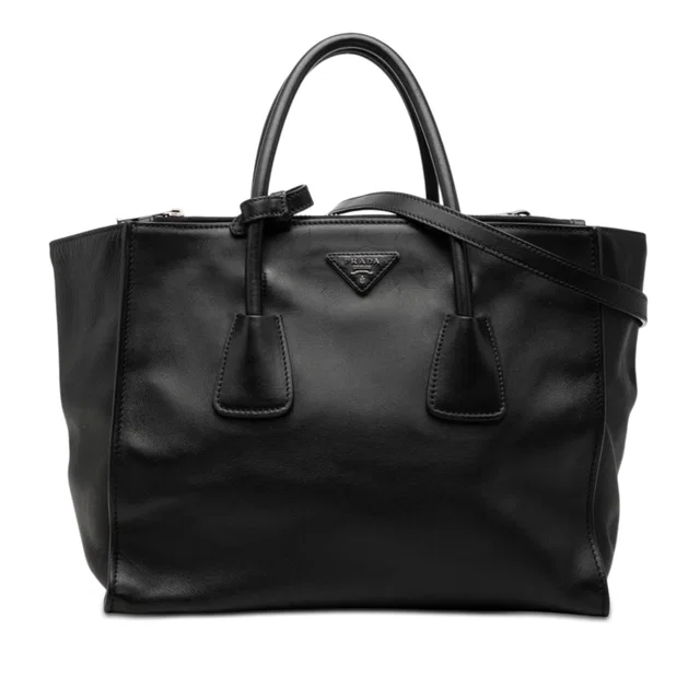 Black Prada Glace Calf Twin Pocket Double Handle Satchel in Black Leather from Designer Revival