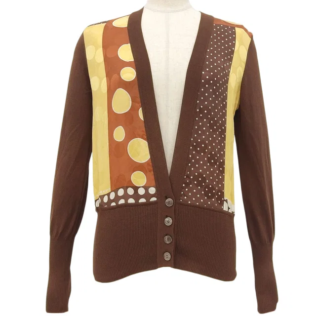 Hermès Multi-Print Knit Cardigan #36 Brown/Yellow in Brown Silk from VINTAGE QOO TOKYO