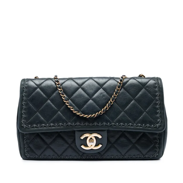 Black Chanel CC Quilted Iridescent Calfskin Whipstitch Single Flap Shoulder Bag in Black Calfskin from Designer Revival