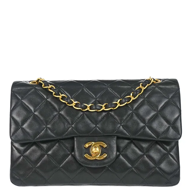 Chanel 1996-1997 Black Lambskin Small Classic Double Flap Shoulder Bag in Black Lambskin from AMORE Vintage Tokyo