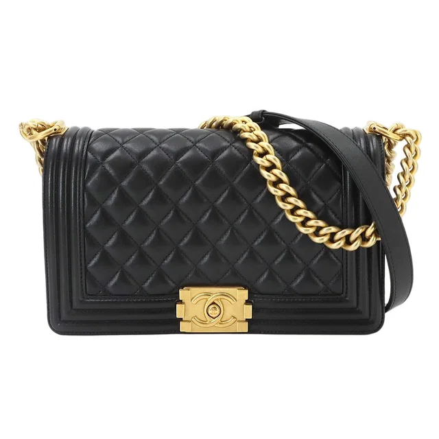 Chanel Boy Chain Shoulder Bag Lambskin Black Gold in Black Lambskin from The Reluxe