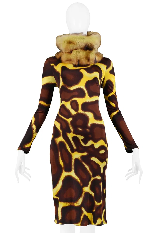 Versace Yellow Giraffe Print Dress With Fur Collar in Yellow Silk from Resurrection Vintage