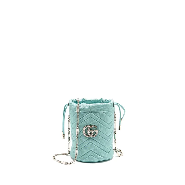 Gucci GG Marmont silk bucket crystal chain bag Fabric/ Crystal Light Blue SHW in Blue Silk from EMIER