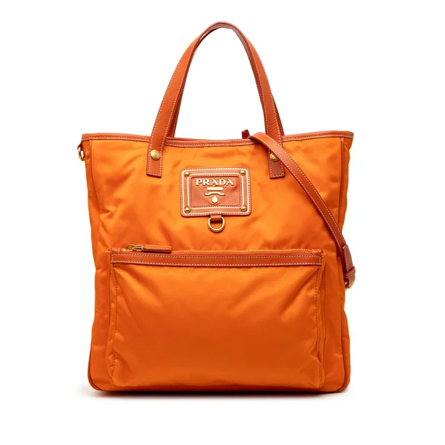 Orange Prada Saffiano Trimmed Tessuto Logo Oro Satchel in Orange Saffiano leather from Designer Revival