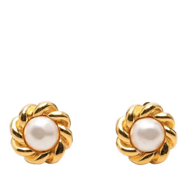 Gold Chanel Gold Plated Faux Pearl Flower Clip On Earrings in Gold from Designer Revival